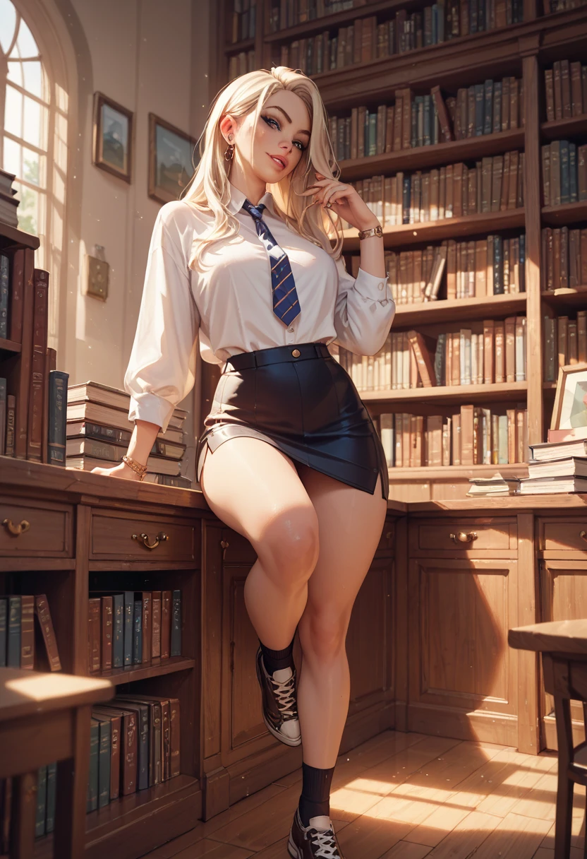 Woman, One, 35 Years old, White, German, scandinavien, large breast, tranparent blouse, Long eyelashes, Makeup, Cute face, Blonde hair, Medium hair, Messy hair, Red Glasses, Full body, Library, Book Shelves, Red Office shirt, black skirt, plaid skirt, Red blouse, heels, teacher, cleavage, realism, unreal engine, MILF, pantyhose, legs wide open, upskirt, alle knöpfe an der Bluse offen, panties