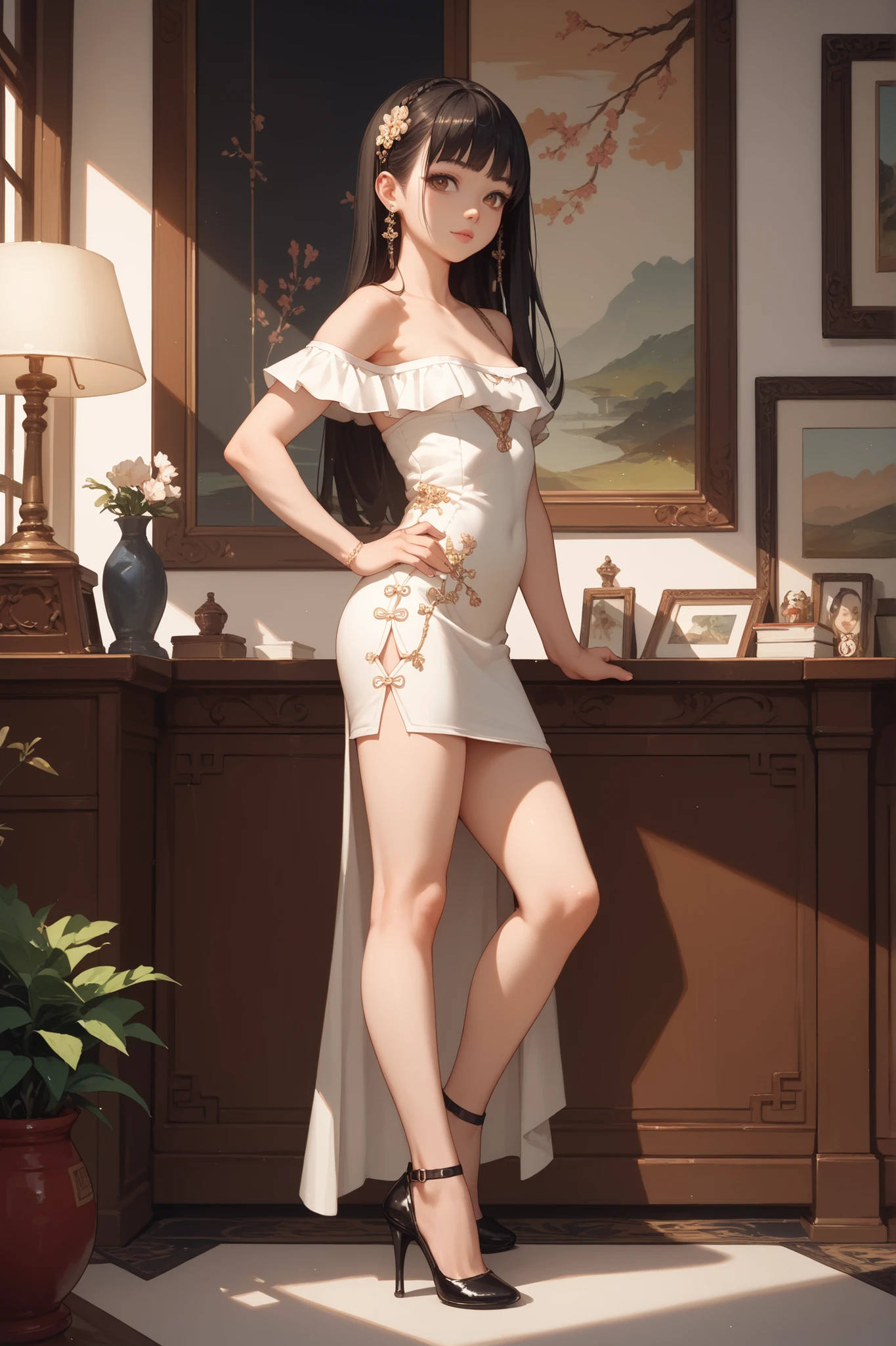 (1girl:1.3), full body, solo, __body parts__realistic skin, pale skin, big breasts, official art, unified 8k wallpaper, super detail, beauty and aesthetics, beauty, masterpiece, best quality, in ancient architecture, soft shadows, cute girl, chinese cheongsam, charm, seduction, sexy figure