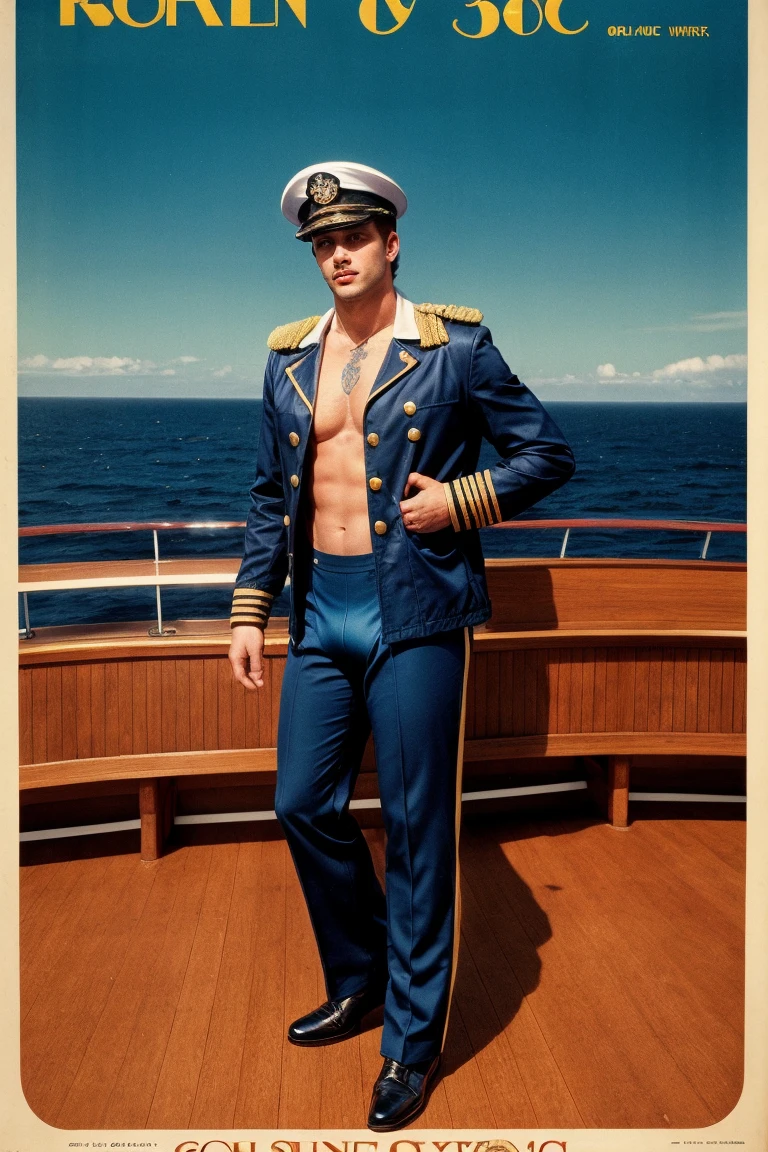 (best quality,photorealistic,masterpiece:1.2)A handsome sailor wearing a sexy and skimpy sailor uniform, detailed blue eyes, seductive smile, perfectly chiseled physique, and a confident pose. The sailor uniform is made of high-quality fabric, with shiny buttons and intricate golden embroidery. The background is a picturesque seaside pier with a beautiful sunset, casting warm golden rays on the sailor. The colors are vibrant and vivid, with deep blues, rich reds, and golden hues. The lighting is soft and dreamy, creating a romantic ambiance. The sailor's uniform is perfectly tailored, accentuating his muscular physique, while the attention to details, such as the folds of the fabric and the shiny texture, adds a sense of realism to the artwork. The overall composition and perspective are carefully crafted to highlight the sailor's charm and create a visually stunning masterpiece. The artwork is ultra-detailed, capturing every small nuance of the sailor's appearance and expression. It is a true artwork that showcases the beauty of the human form in a photorealistic style.