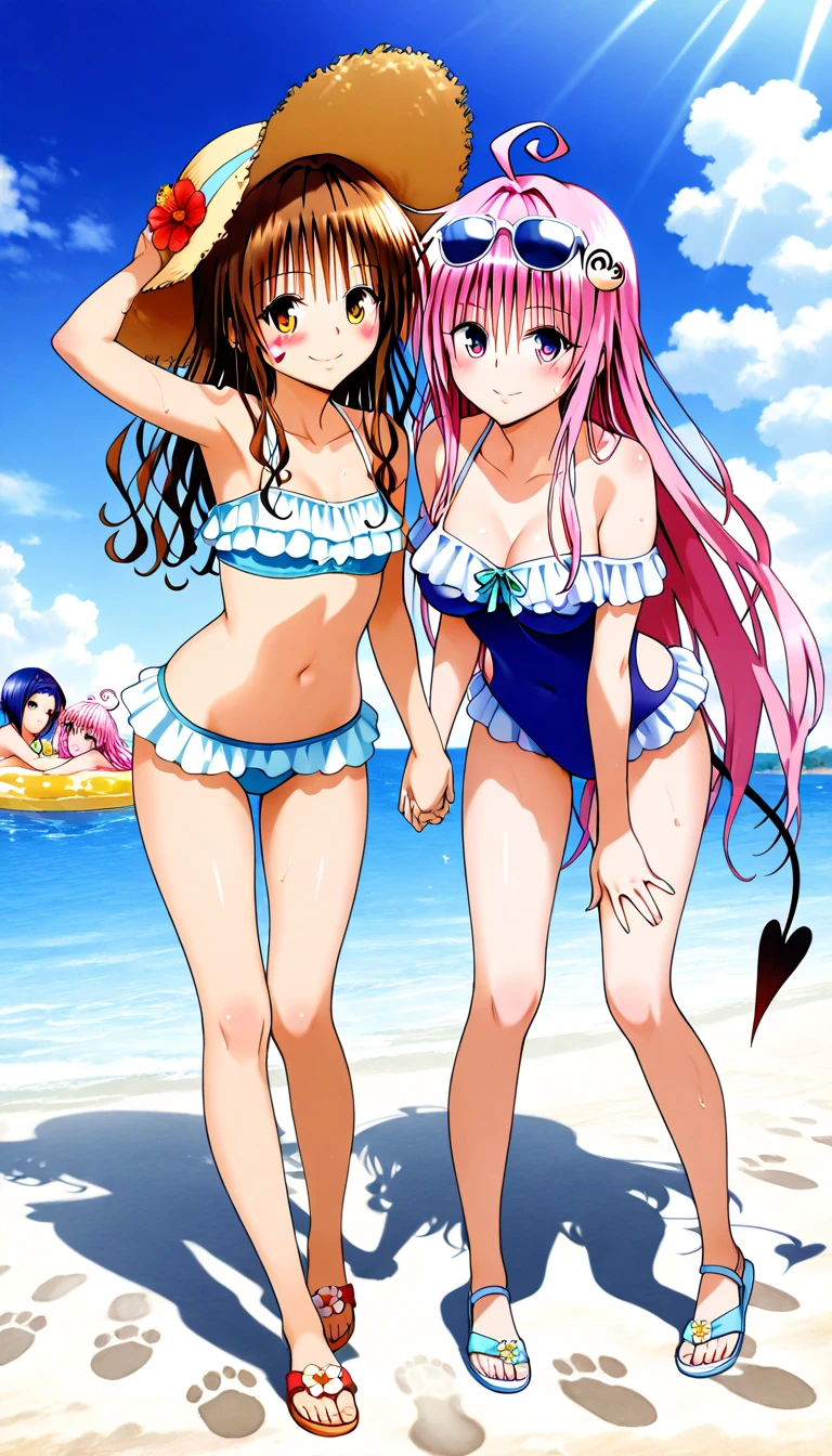 masterpiece, highest quality, 高解picture度,Anime Style、Characters from TenSura、picture、whole body Platinum pink hair(Twin tails:20:1)(Ahoge:1:10)、blue eyes、About 10 years old、smile、The double tooth shines、Tank top、Shorts、Sandy Beach、squat、Ocean、Sand castles