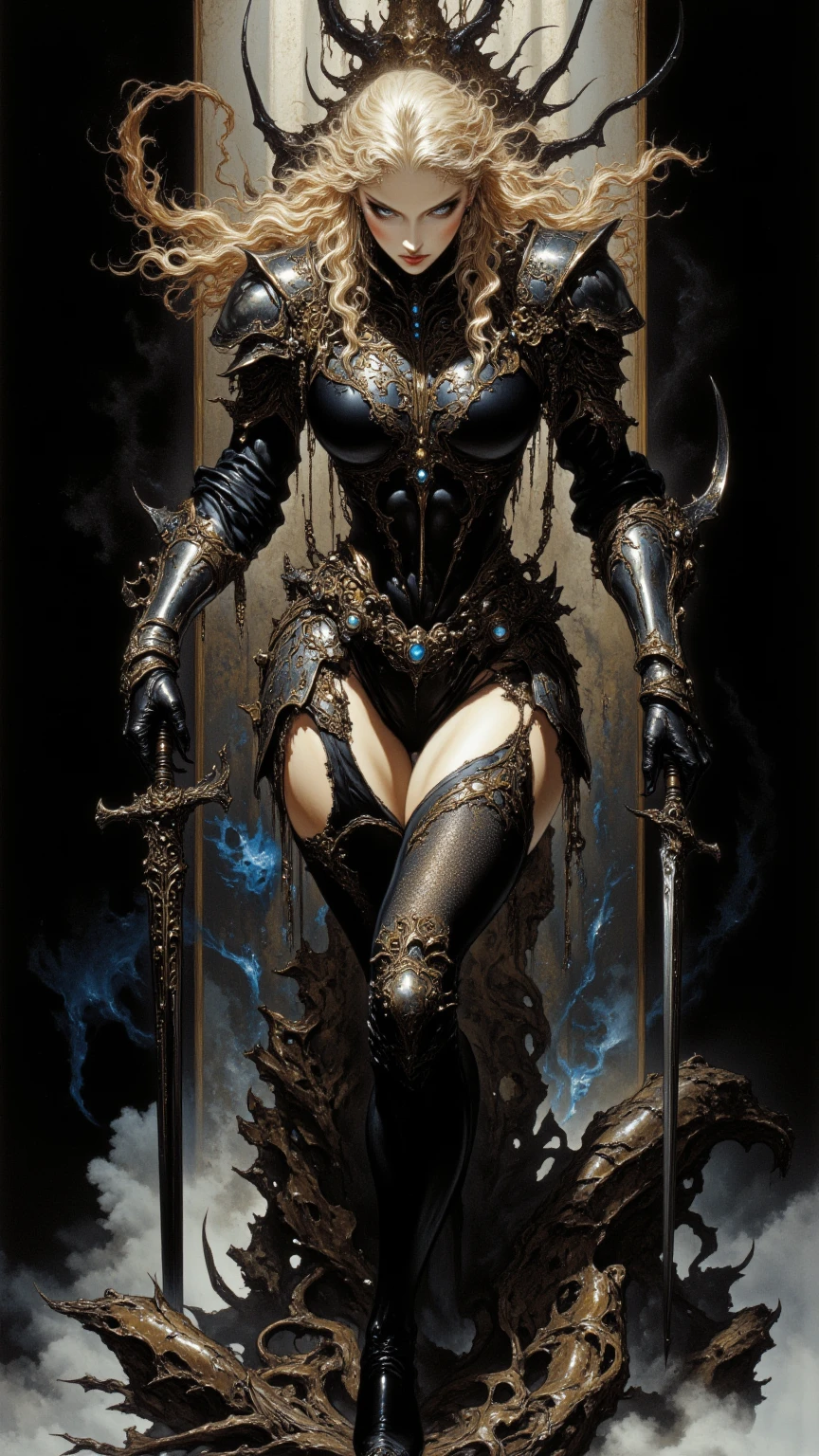 "Create an image of a beautiful, human-like woman with a sleek, sexy, and elongated form. She has smooth, long hair that flows backward. Her outfit is a combination of a corset-like top and a high-waisted skirt with torn elements around the waist, paired with tall, thigh-high boots. She is standing upright, exuding confidence and strength. Her arms are adorned with mechanical elements, and one hand holds a large, sharp sword. The scene is set in a dark, moody environment with subtle lighting highlighting her figure, enhancing the overall dramatic and powerful aesthetic."