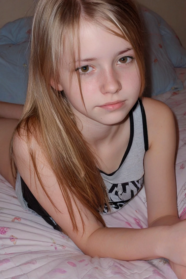 Cadence lux teen ponytail hair sitting on bed full body view from front tin body