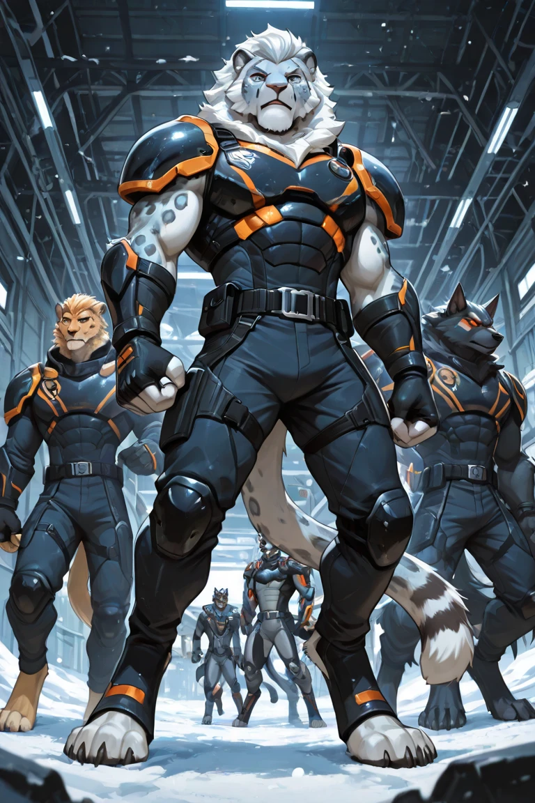 5 man squad, werewolf sniper, snow leopard support, fox recon, cheetah fighter, lion fighter, full body angle, intimidating characters, digitigrade stance, standing in a warehouse