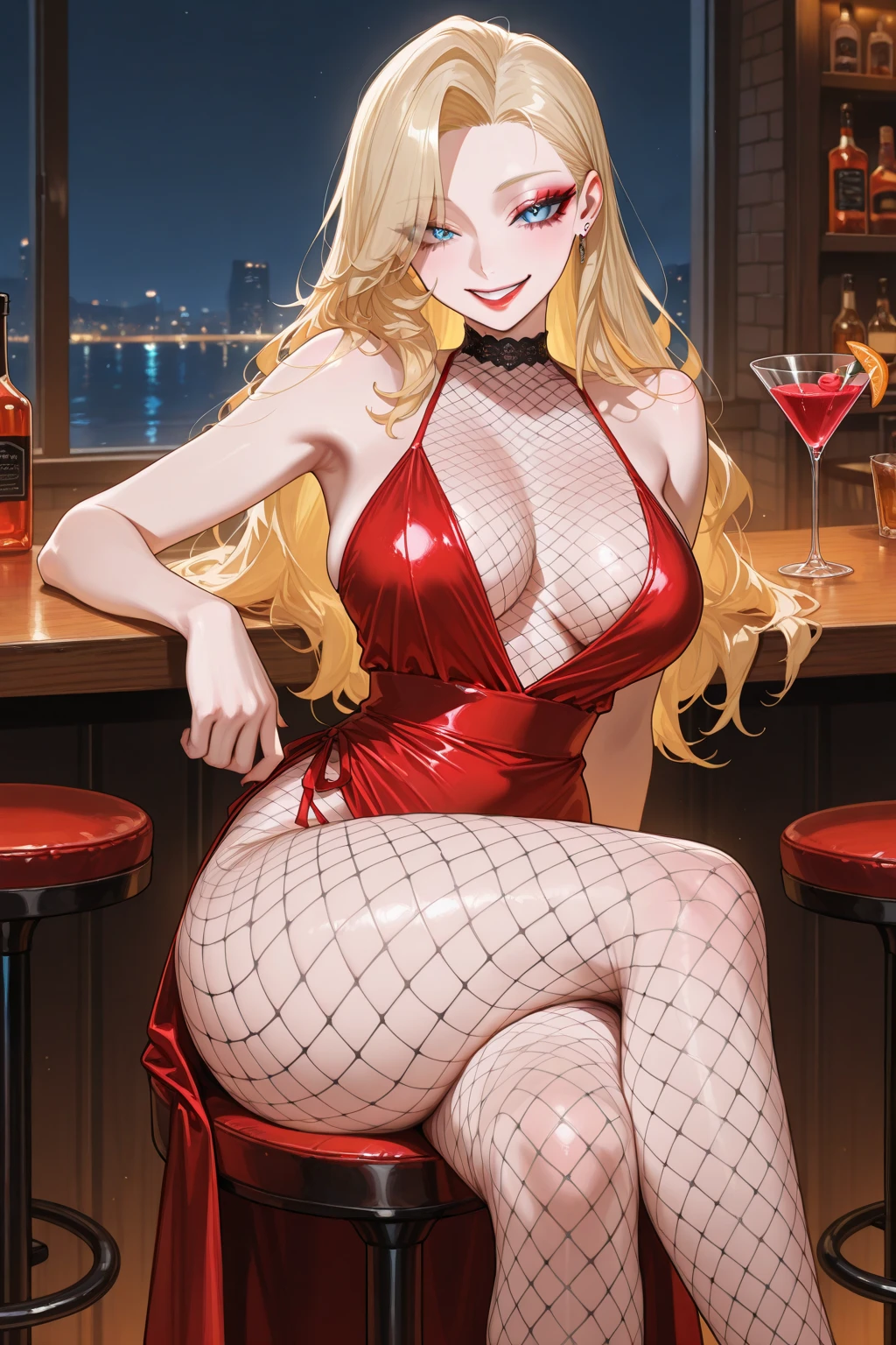 blush, smile,glowing aura, natural light, masterpiece, glossy skin, juicy lips , ,sexy, hot,,juicy lips,hour glass, blonde hair, wide eyes, green eyes, massive boobs, dark lighting, long hair, pink bow, , platform shoes, bow in hair, golden round glasses, sandy blonde hair, black dress,butterfly hair ornament, covered navel,, big booblack dress)))