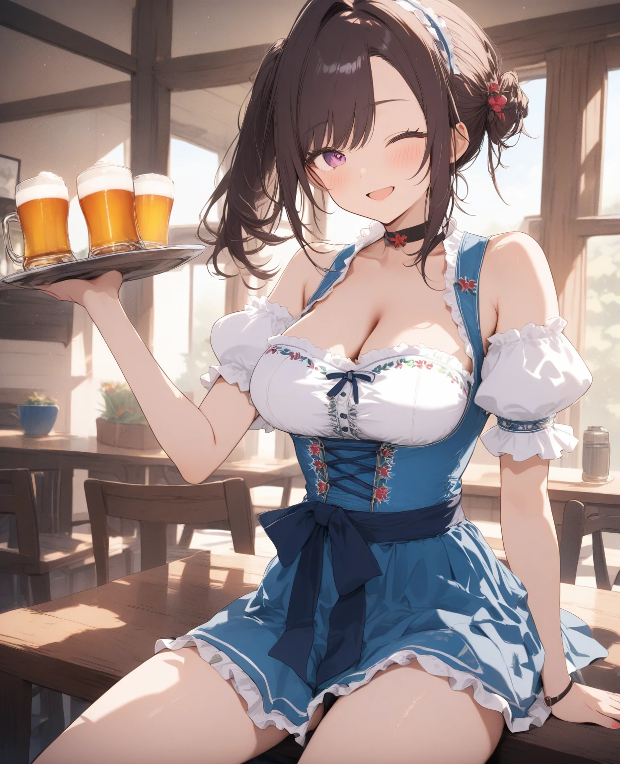 nsfw, masterpiece, 1 girl, intricately detailed, crop top, drindl, pubs, table, crowd, navel, necklace, beer, tavern, inn, pub, crowd, maid skirt, waist apron, short black hair, smiling, extremely detailed, photorealistic, octane render, 8 k, unreal engine. horse ears, horse tail, large breasts, , aqua eyes, carrying beer tray, bare stomach, sweaty, people on background