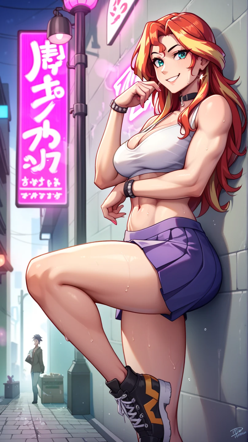 Masterpiece, best quality, Masterpiece, best quality, 1 woman , pink hair , purple eyes , sly face , black bikini , big breasts , abdomen , Long legs , Put your hands on your hips..... , Barefoot , full body , convenience store ,