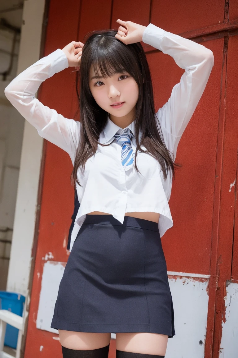 (masterpiece, highest quality:1.4), award-winning portraits, 8K, 85mm, alone, beautiful face, delicate girl, , (dark navy blazer jacket), dark navy skirt, long sleeve, violaces, gardenia, grace, Sophisticated, cute, teen, looking at the viewer, 15 years old, Raw photo, disorganized, HDR, sharp focus, A bow tie, background bokeh、(((flat 、thin and delicate body、A childish atmosphere)))、Her shiny semi-long hair is tied up、hair swaying in the wind、Mole on the left cheek、large, round, dark blue eyes、full body、random pose、Run、sprinting、Skirt fluttering in the wind、Junior idol、Nogizaka Idol、widening skirt、jump、mole under eye、sexy、