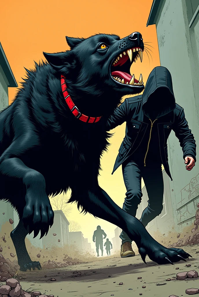 “A creepy creature lurks in the shadow while a scared woman tries to run in the rain. He is covered in blood and has a lunatic look in his eyes as he is about to strike”.