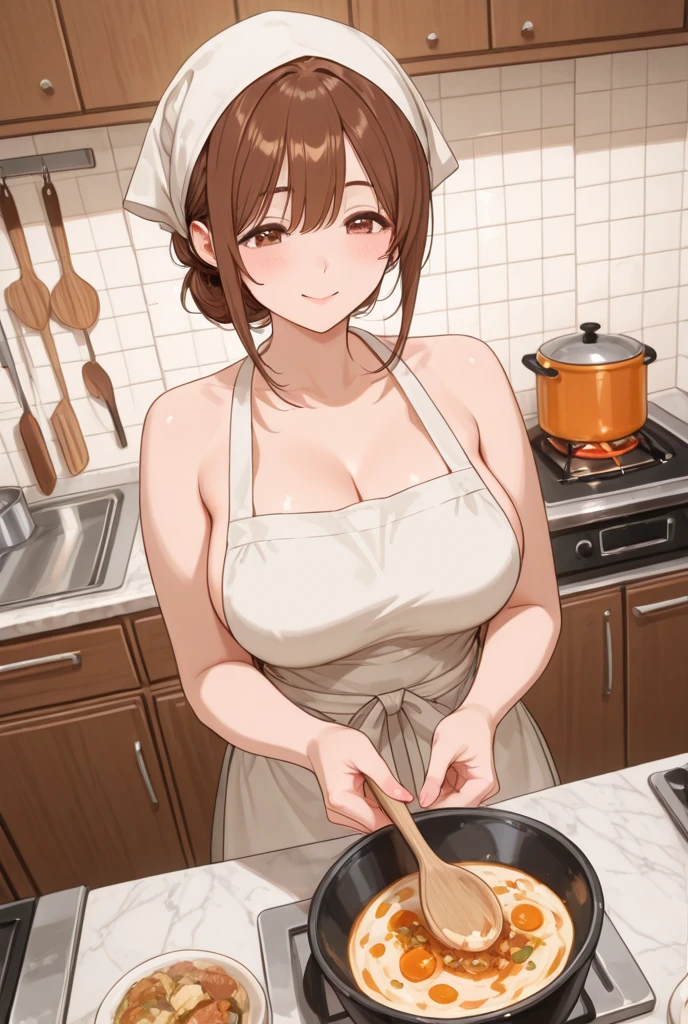 (nsfw, nude, naked, 1girl, solo) megumin , short hair, sidelocks, brown hair, red eyes, nipple、 , cooking, large breasts、 flooding、 Abandoned amusement park、 fire、 heavy snowfall、 frozen、 file, crying、 whole body