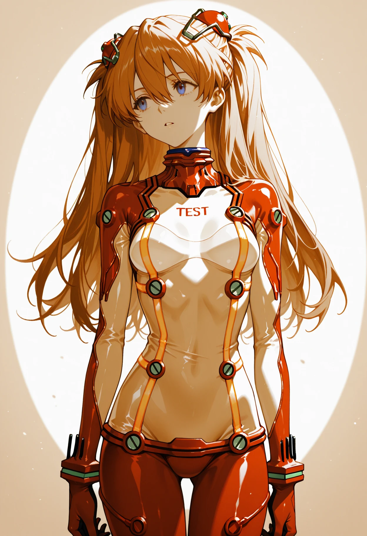 top-quality,Masterpiece,​masterpiece,8k,32k,high-level image quality,High pixel count,1人の女性,1girl,独奏,Asuka Shikinami,red brown hair,orange color hair,Red hair retention,Beautiful blue eyes,Twin-tailed,is standing,facing front,Orange and red plug suit,