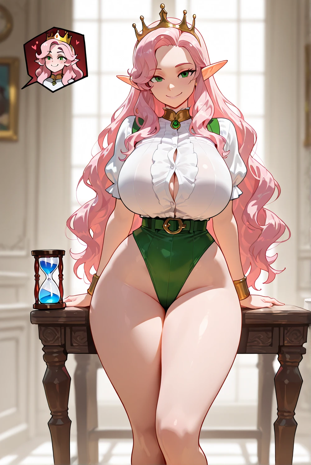 magazine cover, glasses, redhead, green lingerie, sexy pose, big breasts, smile, green witch hat, short hair