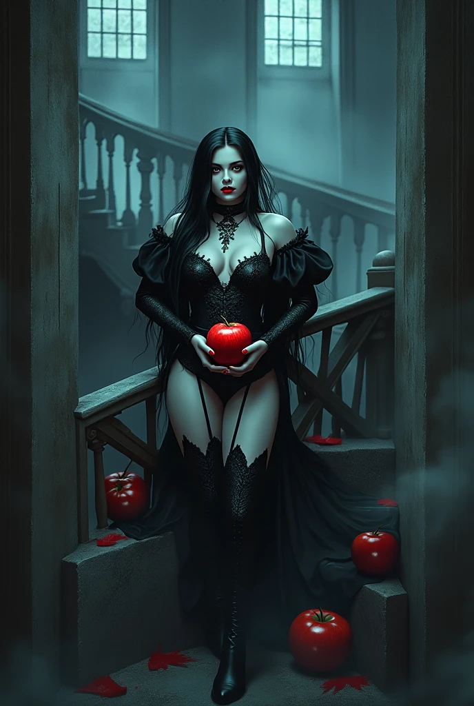 a portrait of a female vampire eating a (bloody cherry: 1.3), an exotic exquisite beautiful female vampire, dynamic hair color, wavy hair, dynamic eyes color, (glowing  eyes: 1.1), intense eyes, wearing glamour silk dress, intricate detailed dress, dynamic color dress, dynamic style dress, (eating  a large cherry soaked with blood: 1.3), blood dripping from the cheery,  whipped cream,  dark fantasy pastry shop background,  vibrant, Ultra-high resolution, High Contrast, (masterpiece:1.5), highest quality, Best aesthetics), best details, best quality, highres, 16k, [ultra detailed], masterpiece, best quality, (extremely detailed) RAW, (ultra details, Masterpiece, best quality),   Dark Art Painting Style, Intense gaze, blood, Cinematic Hollywood Film, DARK
