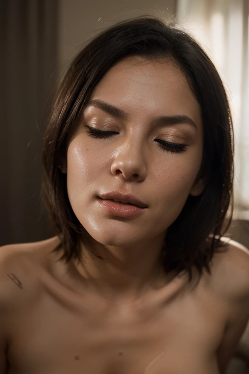 woman images,、Face close-up、Smooth Skin、masterpiece、Highest quality、8K Photo、woman, Age 25、girl、From below,((Look Up,The nasal cavity is visible))((furrowed brow, closed eyes, frown))Close your eyes and open your mouth wide,