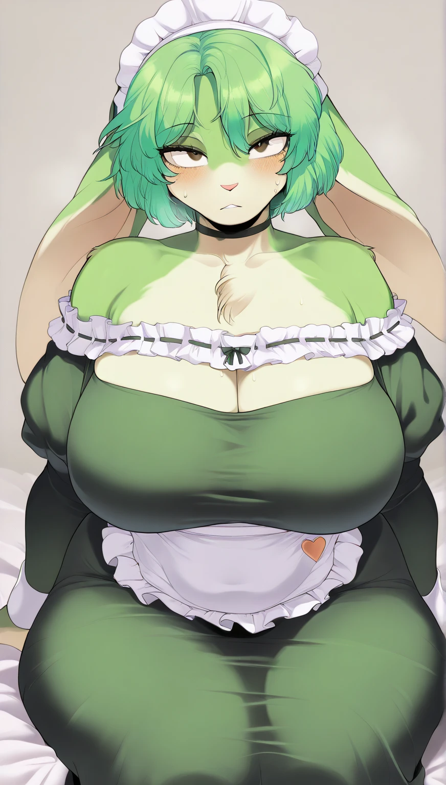 Anime illustration、alone,One Girl(Large Breasts)(masterpiece, Highest quality:1.2)，Alternative costumes ,Maid, short hair，Green Hair，Yellow Eyes, tail, pantyhose,multicoloYellow Hair,  Green Hair, Yellow Hair，inner hair color, マルチカラーのYellow Hair, (Yellow Eyes:1.3), Redhead, short hair, Two-tone hair,String Apron, black pantyhose, White skin-tight bodysuit, White gloves,Highest quality、、Plump Gravure Idol、Perfect proportions,Erotic bed、Highlights sexy breasts,Wet pants、Blurred foreground,(Big Breasts)、Thick thighs、Sweaty,((Shiny Hair, Shiny skin)),1000+ Favorite quality
