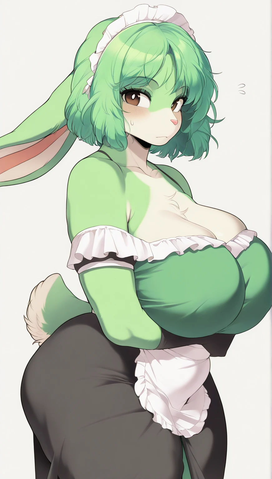 ((Furry Bunny female)), huge Breasts , ((cute face)), Green pupils ,wide hips ,((Better quality)) ,Purple bunny suit , Green fur body