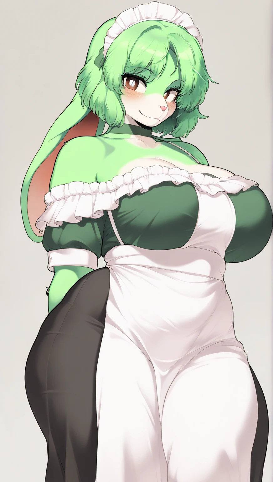 1girl with short green hair, green eyes, green lips, maid uniform, decolletage, big breasts, chibi style, full stand, standing, simple background