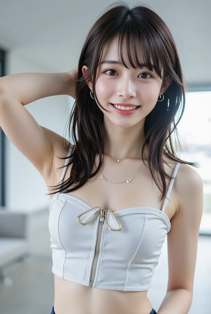 ((Highest quality、8K、masterpiece、high resolution、High resolution:1.3))、One girl、Japanese girl、19-year-old girl、Narrow waist、Cute Girls:1.3、(Semi-long hair、Black Hair)、(Medium breast、Average bust size:1.2)、Highly detailed face、Beautiful Eyes、Lifelike skin texture、Beautiful eyes、With a smile、Direct your gaze this way、whole body、Beautiful feet、Clear photos、RAW Photos、In the warehouse、In a dimly lit warehouse、Micro Bikini、White Bikini