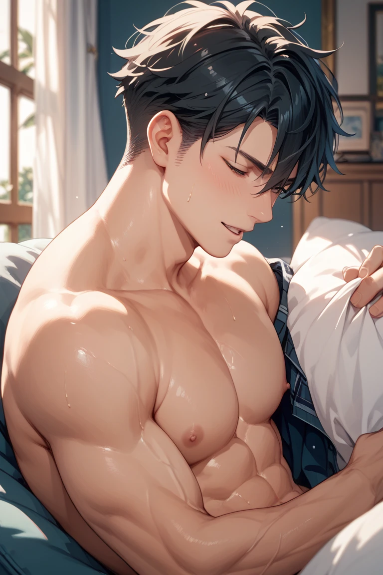 a shirtless 22-year old male wearing jeans, cute, handsome face, six-pack abs, beautiful body, well-defined body, sweat-drenched, soaking wet, drenched with sweat, sweating profusely, soaking wet with sweat, lying in bed, ssleeping in bed, relaxed in bed, in the bedroom