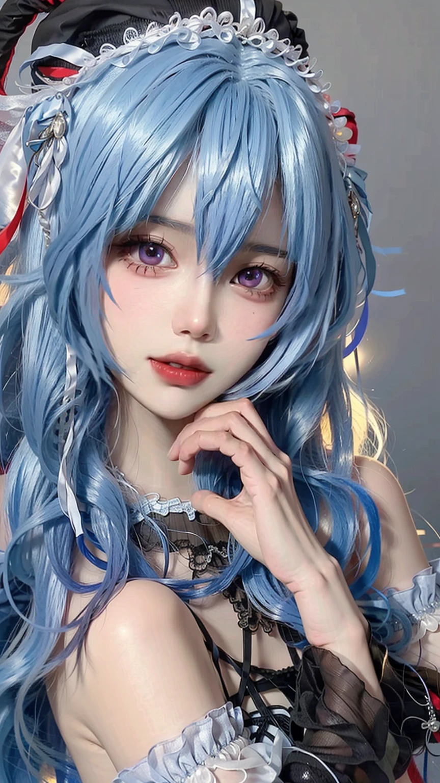 {best quality}, {{masterpiece}}, {highres}, extremely detailed CG, extremely detailed 8K wallpaper, extremely detailed character,{an extremely delicate and beautiful portrait}, {{cinematiclighting}}, (photorealistic:2),{{{character({{{a girl}}}, smile, cute, pretty)}}}, highly detailed face, 1 girl, solo, <lora:japaneseDollLikeness_v15:0.5>,  blue hair, beautiful, , has necklace of bell, horn color red and black,  mouth closed,  <lora:ganyuGenshinImpact_offset:0.4>, blushing, adult, {{{beautiful eyes,  beautiful big eyes,, high detailed eyes, half red eyes}}}, {{{24 years old, matured}}}