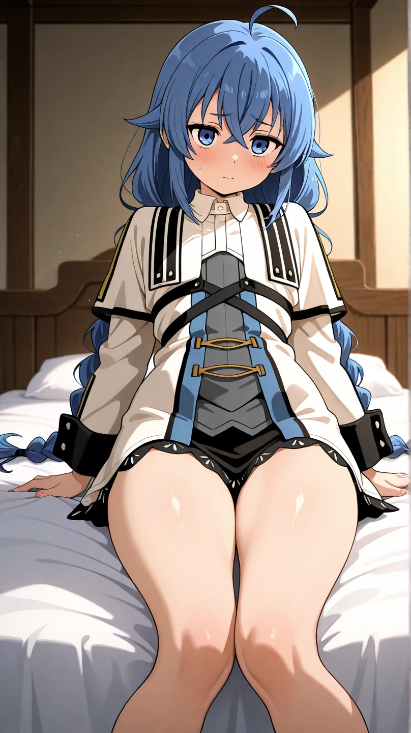 Roxy_Migrdia(mushoku tensei)、1girl, ​masterpiece、top-quality、Blue eyes、Crimson blue hair、double big braid, {fullnude}、{gentle}、{calm}、{blue public hair}、{{小柄}}、satori、{Calm}、deadpan、watching at viewers、{low angles}, {lowerbody}、NSFW, {{A sexy}}、Open legs,
(Skirt lift:1.3), (white panties:1.3)、(Skirt that rolls up:1.3)、(Fully exposed panties:1.5)