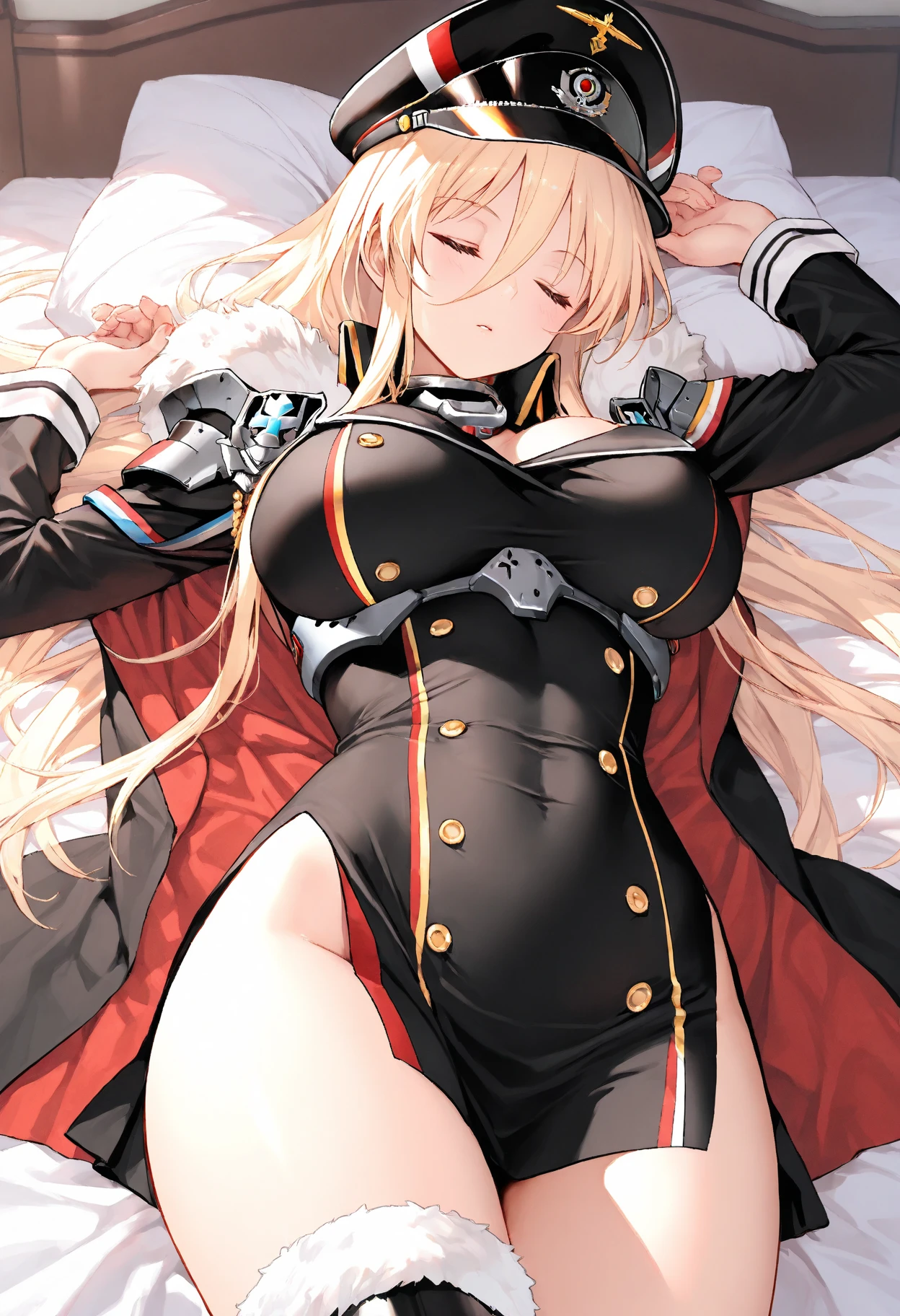 angelicales，girl with,lying back on，on clouds， military outfits,White hair, Red Eyes, Magic Circle, landscape, Blood, , depth of fields, Daytime, light Particle, llight rays, side lights, thighs thighs thighs thighs, Fate \(Series\), GenshinImpact, ****, Open jacket, thighs thighs thighs thighs, cloud