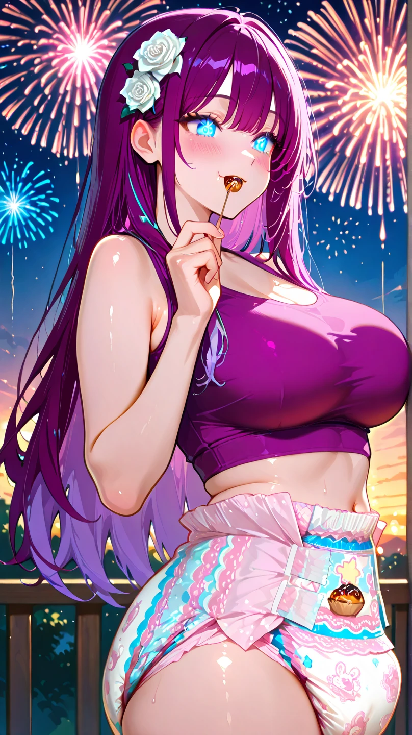 Perfect face. Perfect hands. A pink haired woman with violet eyes and an hourglass figure in a leather bikini is posing while smiling in front of fireworks
