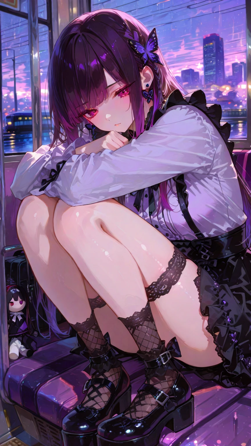 ((best quality)), ((masterpiece)), (detailed), perfect face anime
#1girl #redpurplehair #shorthair #anime character #Overall view #wear black high heels # #school uniform #looking down at viewer #bondage your ankle #Extend your legs #show off breasts #lie down in bed #wear black knee socks