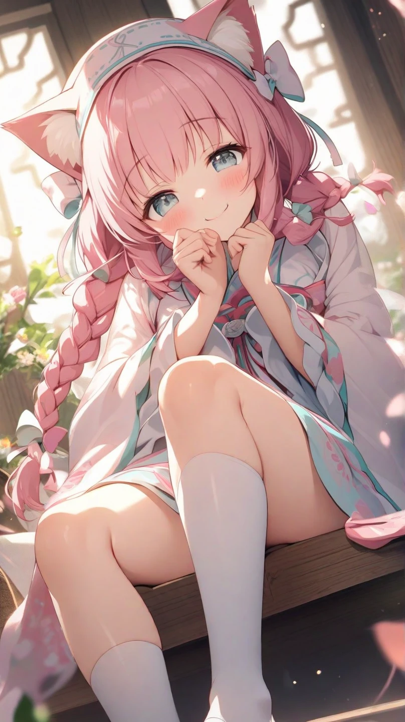 highest quality、8Kmasterpiece、Draw a detailed face、One childish girl、pink lolita costume、(((whole body)))、Cute pose、Professional Lighting、Happy expression、Shiny black hair、Perfect Anatomy、Sitting in a green meadow,girl sitting,masterpiece, highest quality, High resolution, {Detailed and beautiful eyes}, finely, Detailed and beautiful eyes,1 Girl, (alone:1.5), (Hair Ribbon:0.4), Pink Eyes,Cinematic Angles,perspective,White bun hair,long pink hair,
