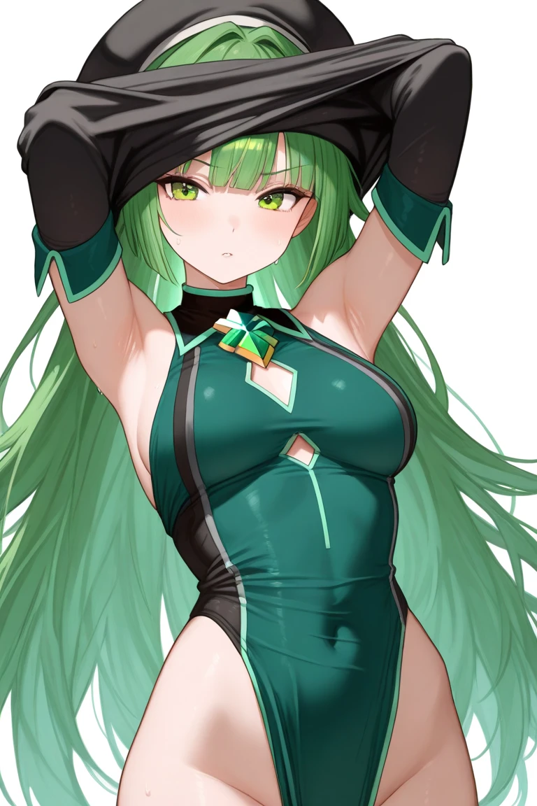 (masterpiece), (Best Quality: 1.0), (ultra high resolution: 1.0), A stylized figure with a design reminiscent of an anime character with feminine features, presenting a slim and curvy body. She has long green hair that falls elegantly., with a hairstyle that covers one of her eyes. His eyes are big and red, giving it an intense and enigmatic expression. The clothes she wears are tight and light green in color., highlighting your silhouette. Her pose is relaxed but with attitude, showing a hand in a sign of peace or victory. The background is blurry and bokeh, with soft colors that do not distract from the main character.