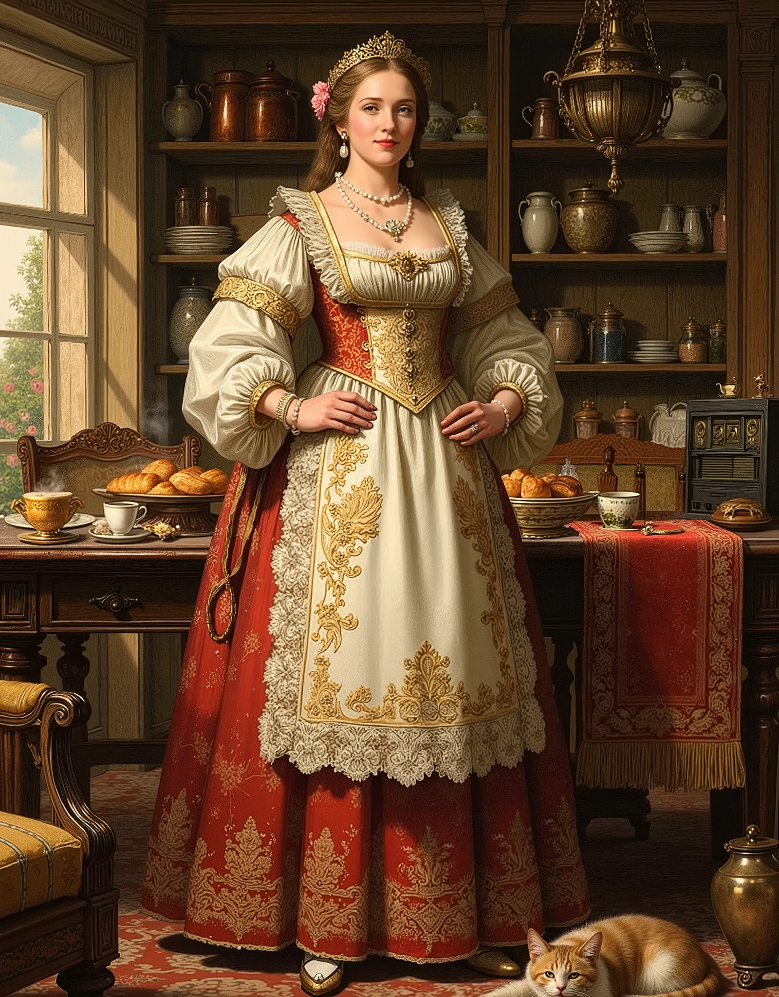 A majestic and elegant woman, the 'Queen of Household', standing proudly in a luxurious yet cozy home interior. She wears a sophisticated vintage-inspired apron with intricate lace details, embroidered golden patterns, and a delicate pearl necklace. Her hair is styled in a regal updo, adorned with a small golden tiara or a floral hairpin. The atmosphere is warm and inviting, with soft golden lighting enhancing the scene. Surroundings: A beautifully decorated kitchen and living room blend, with a large wooden dining table filled with freshly baked bread, pies, and a steaming cup of tea. Open shelves display fine china, copper pots, and jars of spices. A fluffy cat curls near her feet, and a vintage radio plays soft music in the background. Through the window, a sunlit garden with blooming flowers is visible. Her expression is confident, kind, and full of grace, embodying both authority and warmth. The art style should be highly detailed, realistic with a touch of fantasy, reminiscent of classical paintings but with modern digital precision. Soft shadows, rich textures (fabrics, wood, ceramics), and a warm color palette (creams, golds, deep reds, and greens) dominate the scene.