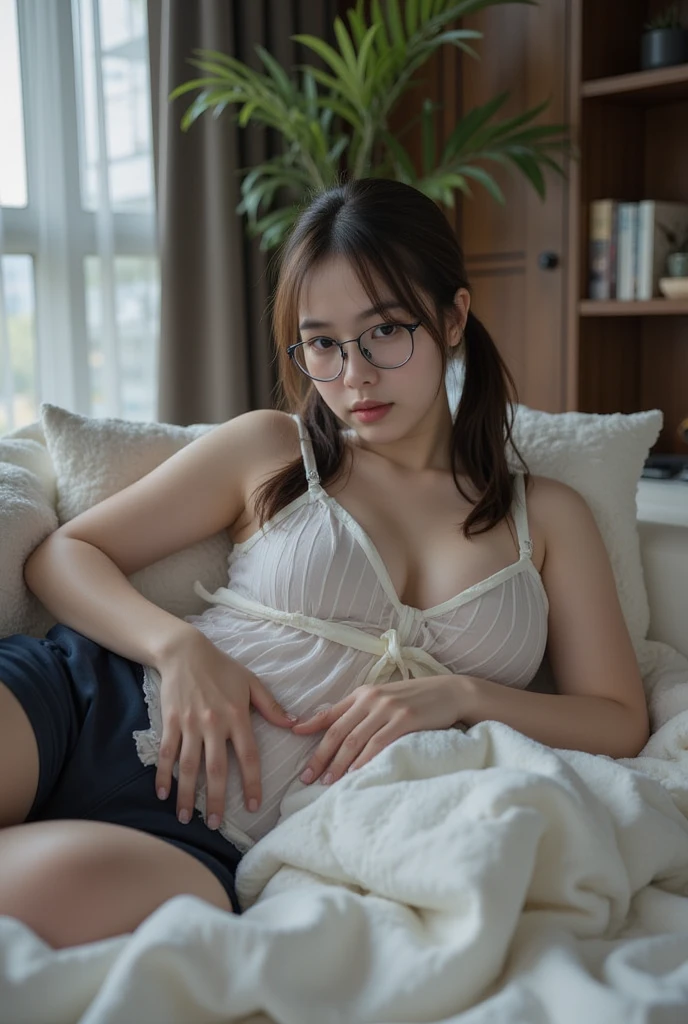 ((masterpiece)),(((highest quality))),((Reference Sheet, Character Design, in front, looking at the viewer , girl with glasses, asleep in a bed~ ~ viendo al espectador, Mr..々Hairstyle, Mr..々Performance, Facial Expressions)), 30-year-old girl asleep in a bed (curvy:1.4), (normal ass:1.4), Realistic buttocks, Big Breasts, big , normal thighs, Long legs, It's not a big deal, ((High quality fabric, nude, no panties ,topless)), ((asleep in a bed:1.0)) girl closed eyes,