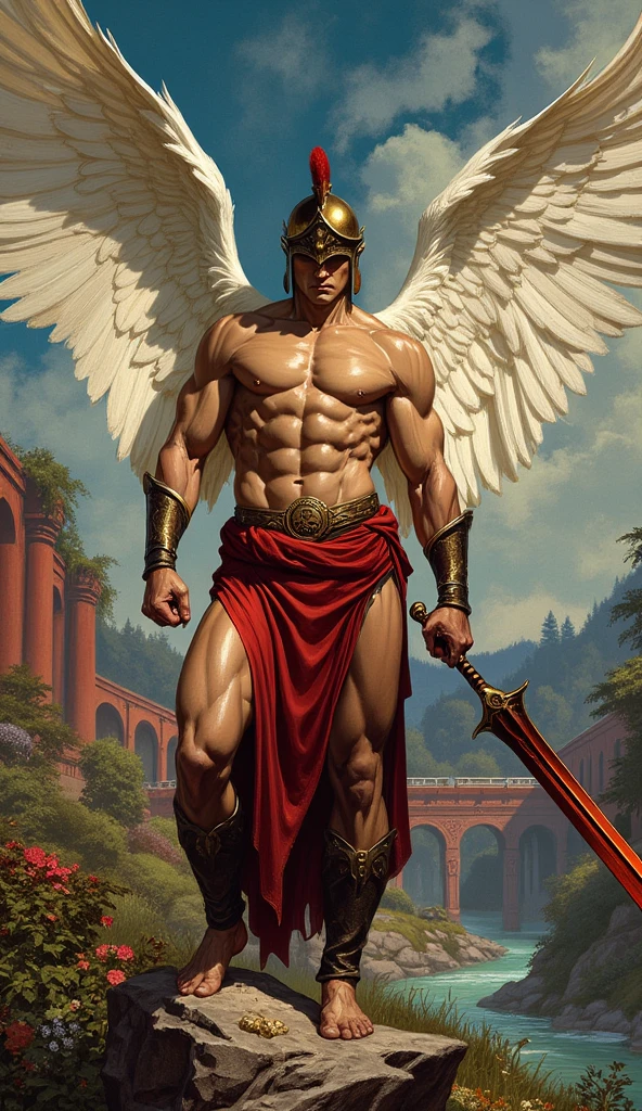 Photo of a man wearing cupid costume, (white hair), wings, flying, halo, (white toga robe), red scarf, armor, (surrounded by clouds), ethereal, (seductive smile:0.6), from side, realistic, masterpiece, intricate details, detailed background, depth of field