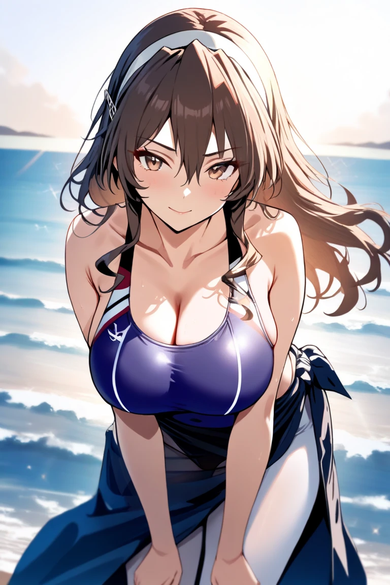 1womanl, A MILF, dark brown hair, kindly smile, large full breasts, cleavage, White Bikini, upper body, (Composition from the front:1.5), sunshine, Beach
