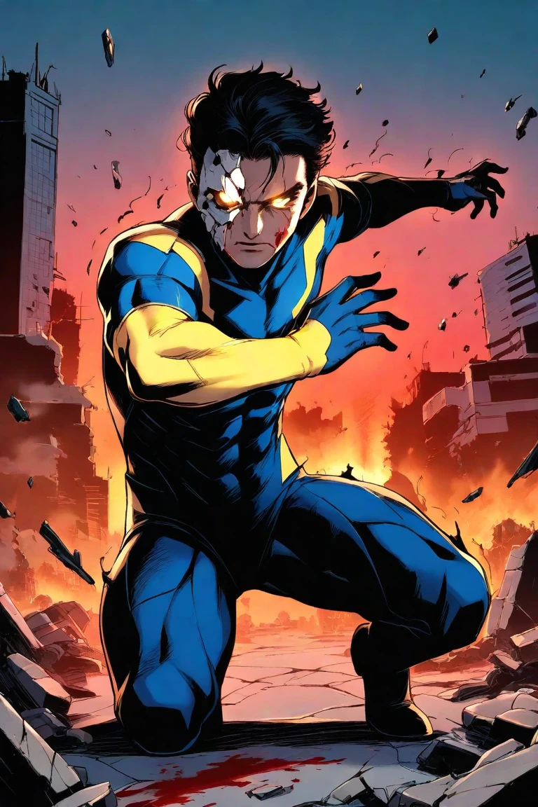 masterpiece, ultra-detailed, original character, solo male, inspired by Invincible, powerful pose, anime style, cinematic lighting, glowing golden eyes, blood-splattered blue supersuit with black accents, broken mask in hand, intense expression, short messy dark hair, hovering above a ruined city, red sunset sky, burning buildings below, high contrast, ambient glow, god-like presence, dynamic wind effects, dramatic shadows, ultra high resolution, sharp focus, emotional intensity, floating rubble, cracked ground aura, detailed textures, legendary vibes