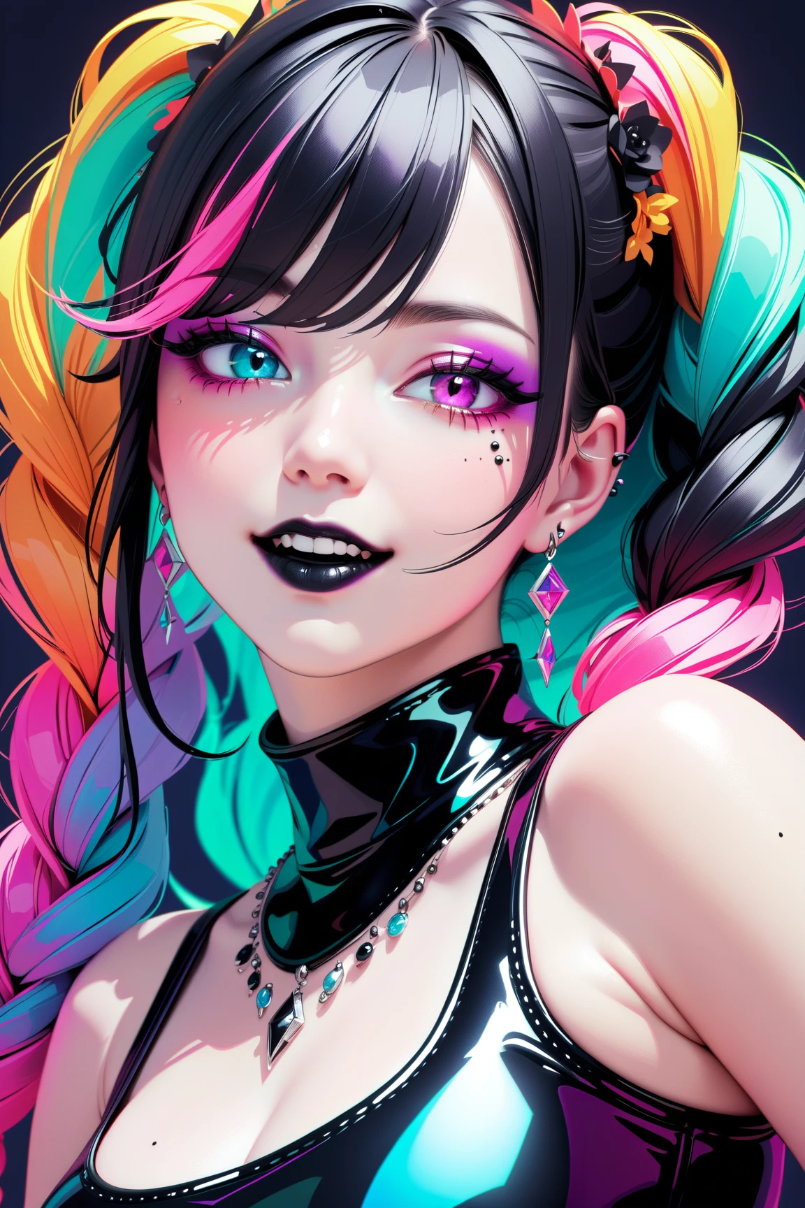mad acid trippy colourful crazy girl with quirky expression, messy dark hair, acrylic and watercolour, high details, crisp outlines, pastel