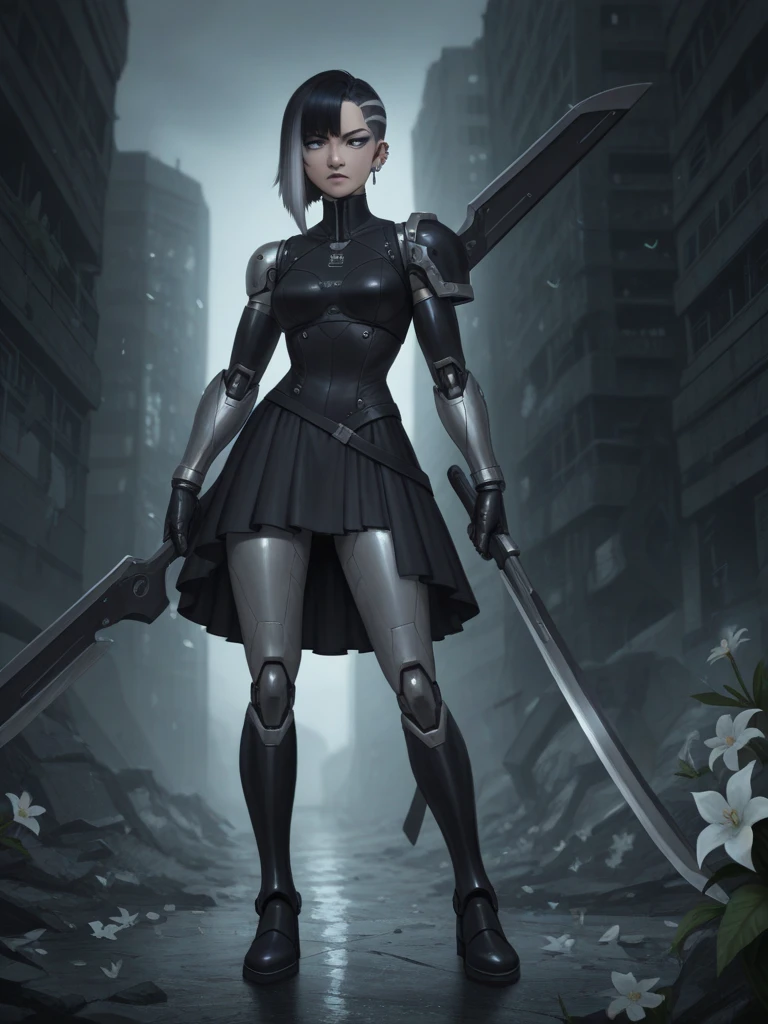 "female android, concept art style, long black hair with a sharp ...