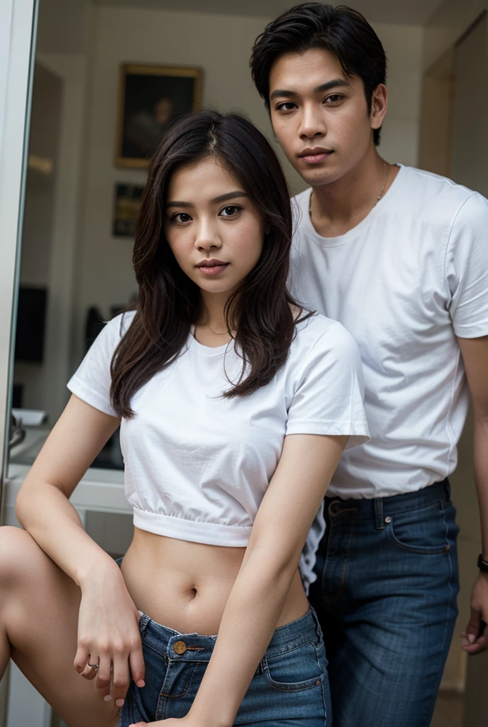 a couple of very thin heterosexual Thai teenagers, 12 year old lovers, a very thin heterosexual Thai teenager, 12 years old, flirting and hugging from the side at the waist a very thin heterosexual Thai teenager, 12 year old, both of the same height, both with very thin and slender. They face each other face to face, with their bodies pressed against each other sideways, the boy's belly touching the girl's belly and the boy's legs touching the girl's legs. Both are the same height. They face each other and look sensually, face to face, hugging each other around the waist. The boy and the girl are standing, stepping on the floor. The day is beautiful and sunny, with clear blue skies and white clouds. Both wear black bracelets on their arms. And they wear completely black clothes. Black t-shirt and black pants,