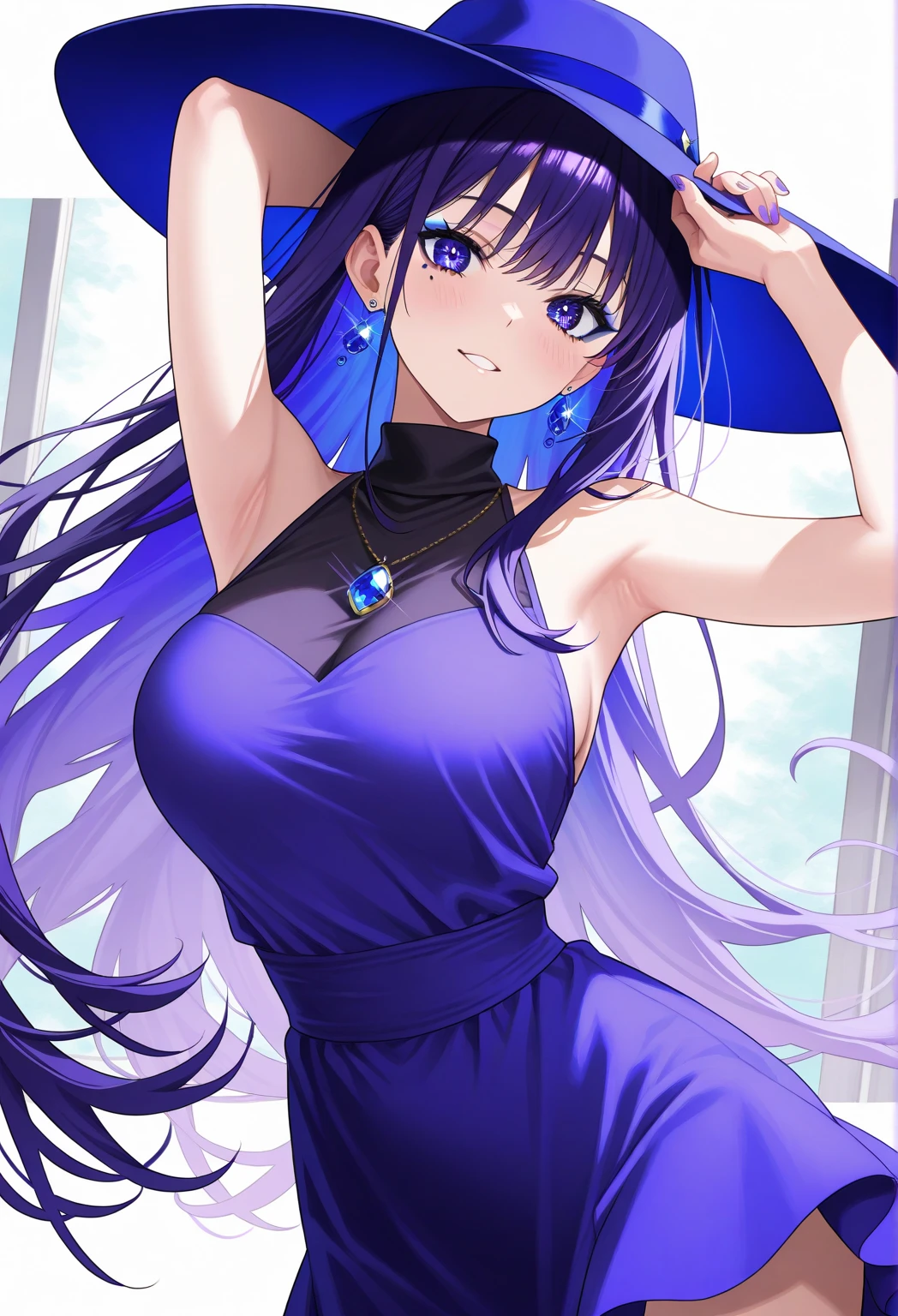 (masterpiece:1.3, top-quality, ultra high res, ultra detailed), (realistic, photorealistic:1.4), beautiful illustration, perfect lighting, natural lighting, colorful, depth of fields, ,
beautiful detailed hair, beautiful detailed face, beautiful detailed eyes, beautiful clavicle, beautiful body, beautiful chest, beautiful thigh, beautiful legs, beautiful fingers, 
looking at viewer, 1 girl, japanese, high school girl, (perfect anatomy, anatomically correct), cute and symmetrical face, babyface, perfect face, perfect eyes, shiny skin, slender, 
(long hair:1.7, wavy hair:0.8, blue hair), antenna hair, hair between eyes, emerald green eyes, long eye lasher, (large breasts:0.8, seductive thighs), 
((long sleeve light purple knit dress, black tube top)), 
(beautiful scenery), summer, evening, (school), (lovely smile, upper eyes), big breast, cleavage