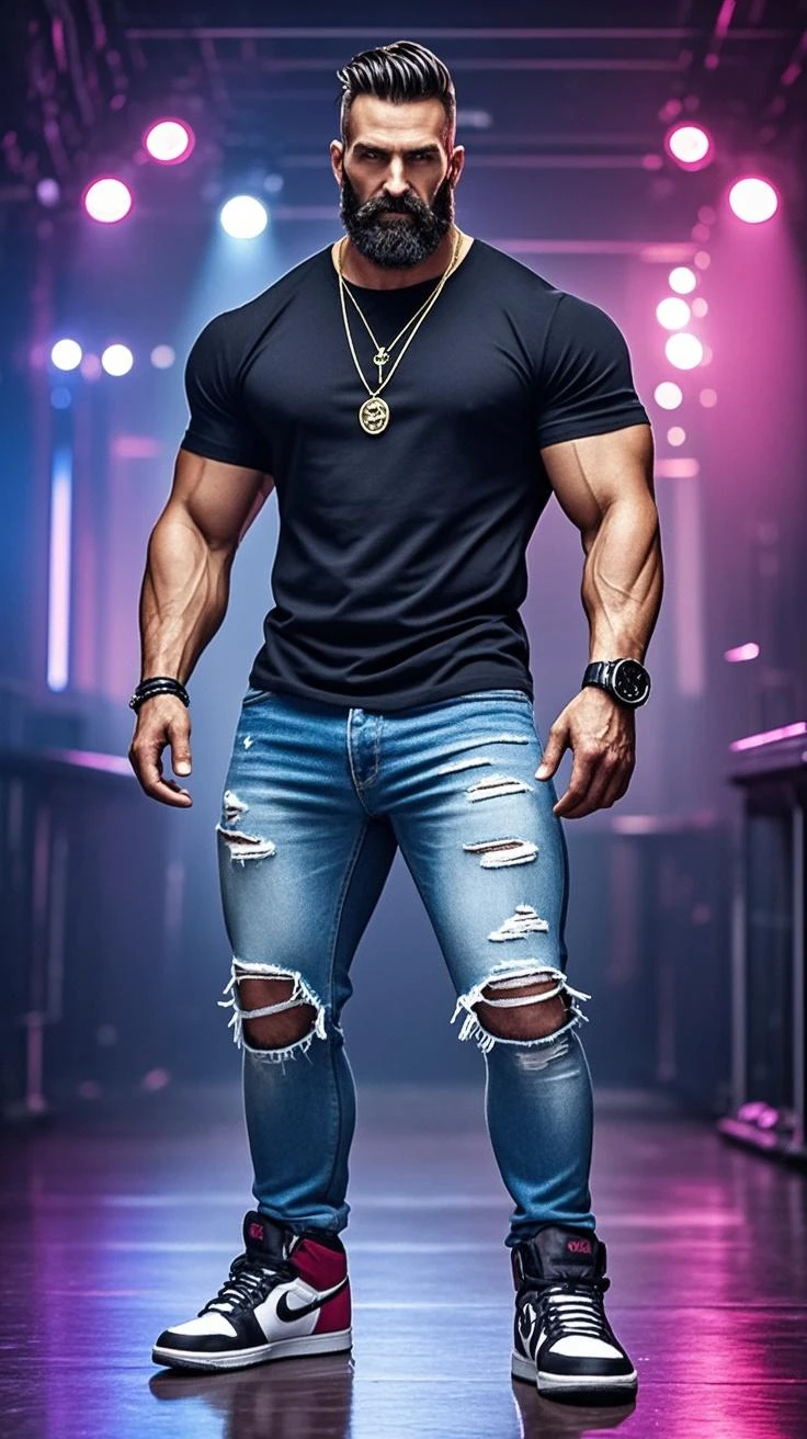 Handsome Indian pehlwan muscular hunk in tight denim sleeve less jacket with joggers with public hairs huge bulge wetty spoton bulge, doing shopping and drinking coffee from tumblr in shopping mall, head to thigh view