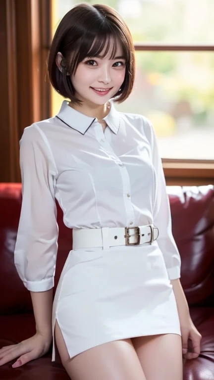 Masterpiece,Best quality, (maam. clerk:1), ((Portrait:1.3)), Cross arms, White shirt ， Smile，Skirt that wraps hips，Long legs，skin hyper-detail，Clear pores，in a panoramic view，Cocked buttocks，black lence stockings，Beautiful young Japanese woman,  Perfect face,  (Detailed facial features),  Clean and nice face