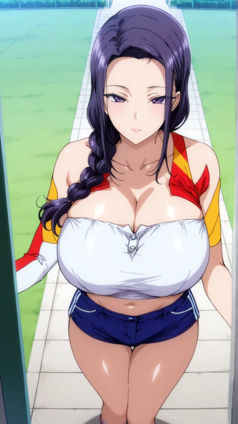 masterpiece, best quality, miss valentine, black eyes, folded ponytail, white coat, coat on shoulders, epaulettes, purple shirt, blue pants, upper body, looking at viewer, large breasts, ocean, city ,(hd), (full body shot), (high resolution)