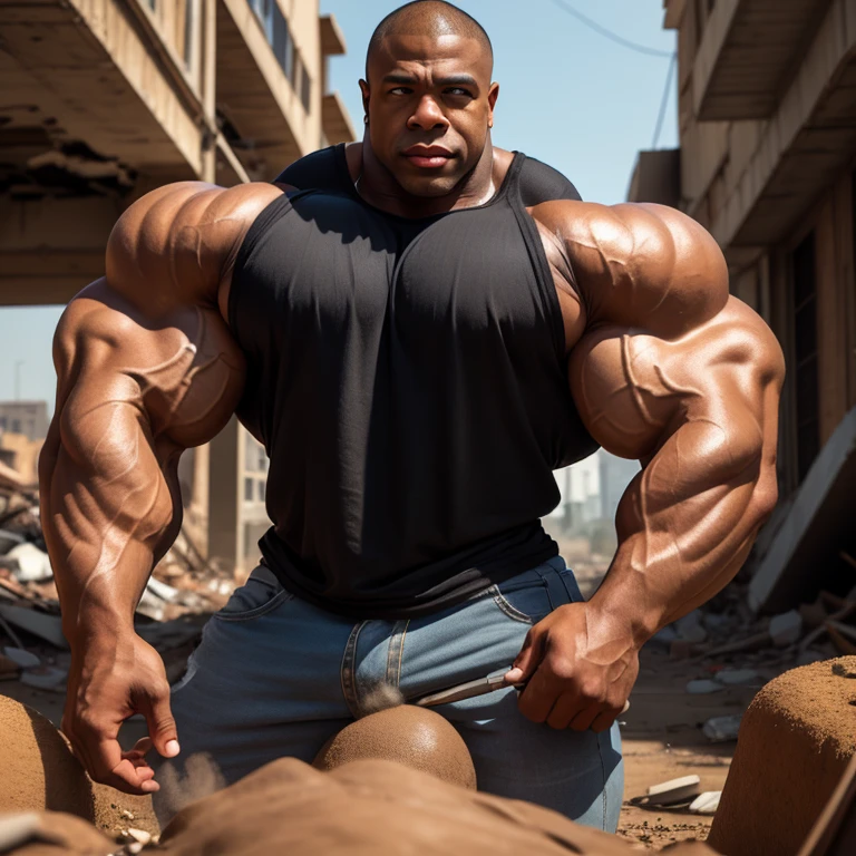 A fantasy gay sex world A black man with a hyper muscular body full black body a black man with a hairy, hypermuscular body with giant arms, muscular legs, full body, big breasts huge breasts huge asses bodybuilder only one man in the image a hairy man black body with hair manga story hero comic