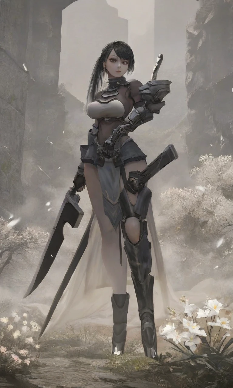 obra-prima, melhor qualidade, (cabelo longo), (Mulher vestindo armadura completa do Depredador do filme), corpo completo detalhado, (olhos detalhados), (The Predator's 10cm Small Plasma Cannon is an advanced weapon used by the alien hunters known as the Yautja. It is capable of firing highly energized plasma projectiles that can pierce or vaporize almost any material. (The cannon is mounted on the user's shoulder and is controlled by a visor attached to the helmet). (The cannon can track thermal targets and adjust the firing power according to the distance and resistance of the target). (The cannon also has an automatic reloading system that uses a portable power generator). The plasma cannon is one of the most powerful and feared weapons in the predators' arsenal, being used both to hunt dangerous prey and to eliminate potential threats.), (She's wearing long blades of her wrist like a predator), ((The predator's wrist blade is a lethal weapon used by this alien species in their hunts. It consists of a metal sleeve that fits the user's forearm, with a mechanism that allows you to project and retract two curved blades of about 30 centimeters in length. The blades are made of an extremely resistant and sharp material, capazes de cortar facilmente carne, bones and even metals. The wrist blade is activated by a button on the glove, or by a mental command through a neural implant), (She wears a full mask of Predator Bio-mask that is covering her face), qualidade 16k, Kinematic, sombras no corpo, (ruins), Full scenario, (pose de batalha dinamica), todo anatomicamente correto e detalhado, (Ela usa uma mascara do Depredador completa e detalhada), ((((30 cm wrist blade that comes out of both arms))))