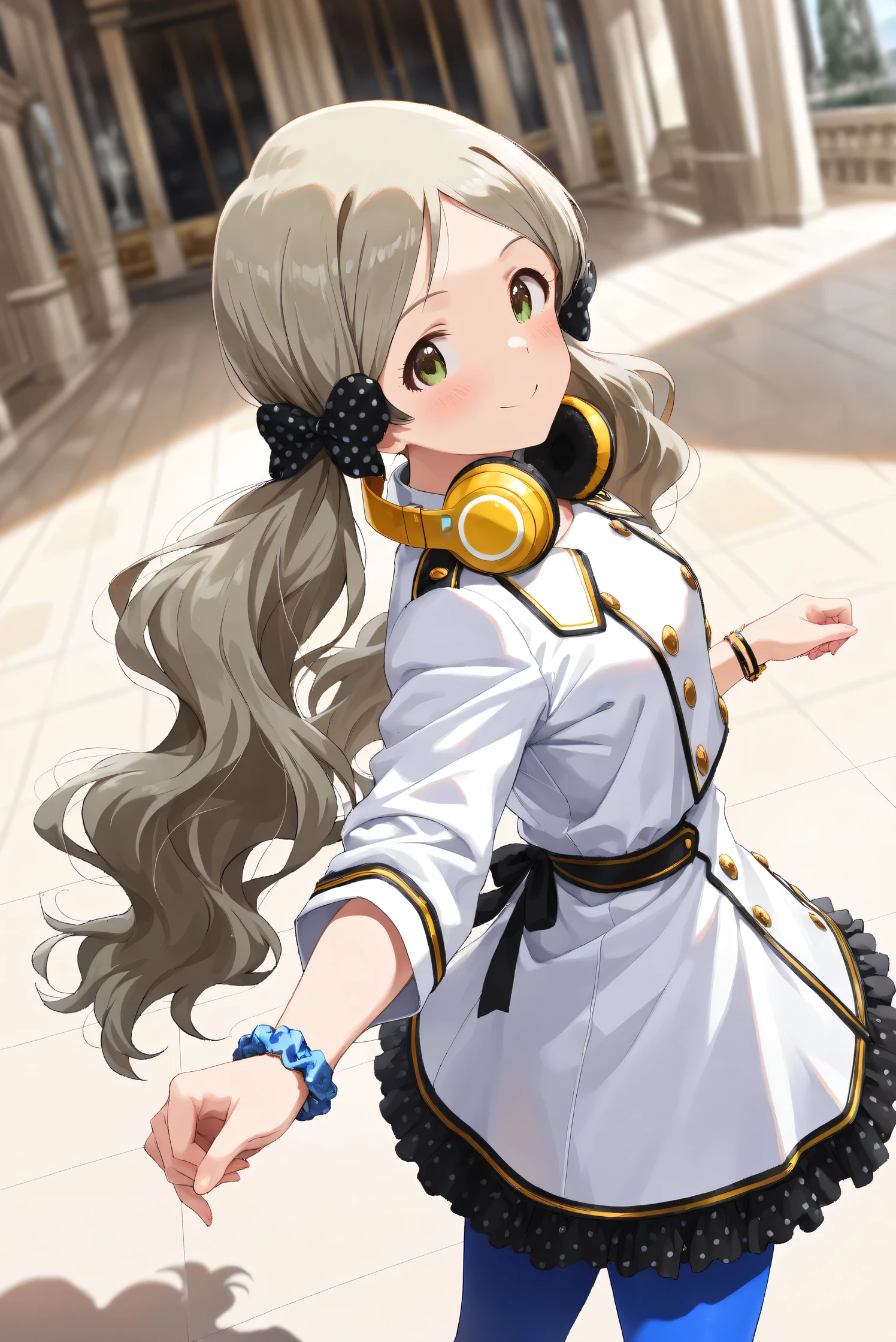(Masterpiece), (Highest quality), (Very detailed),
(The best shape), (Best Shadow), (Absurd),
(Detailed background), (So beautiful), (Shiny),
(Extraordinary), (Countershading), (8k), (32K),
(High resolution), (Very Detailed CG), (UHD),
(Score_9), (Score_8_up), (Score_7_up),
(Source_anime), (Pastel painting:1.2),
(Watercolor painting:1.2),(Masterpiece, Detailed:1.2), (Foreshortening:1.2),
(Cinematic), (Dramatic), (Depth of field:1.4),
(Blurry background:1.4), (Realistic background:1.4),
(Dynamic angle), (1 girl),
(art museum), (Art Exhibition), (indoor),
(white jacket), (long jacket),
(blue pantyhose),
(black mini skirt), (frilled skirt),
(buttons on jacket),
(cowboy shot), (from above),
(Focus on face), (Close up shot),
(Blush:1.3), (Happy), (Smile), (dynamic pose),
(talking to viewer), (looking back),
(Realistic skin), (Shiny skin),
(Handa Roco),
(The idolmaster million live!),
(mirishita), (roco),
(yellow eyes), (green eyes),
(light brown hair), (Twin tails), (long hair),
(black ribbon), (scrunchie), (bracelet),
(Put the headphones around her neck),
(yellow headphones),