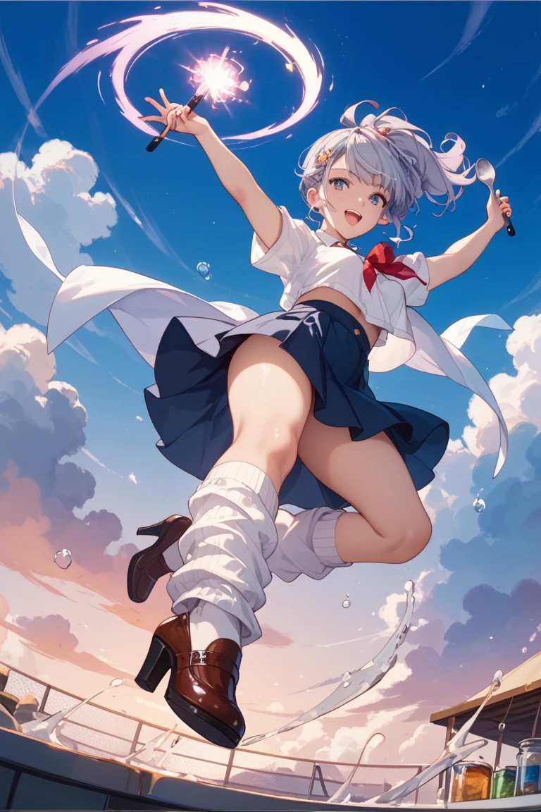 Anime characters with white hair and blue eyes, anime visual of a cute girl, Anime moe art style,Girl with short white hair, Shoujo white hair young anime girl, official character art,Heterochromic pupils,Wear high-top sneakers,sitted,Jirou legs,Raise one foot high to expose all soles,White sailor suit,Short pleated skirt,blue accents,red hairband,flatchest,Short ponytail hair,White high-top flats in hand,chiquita,fully body photo