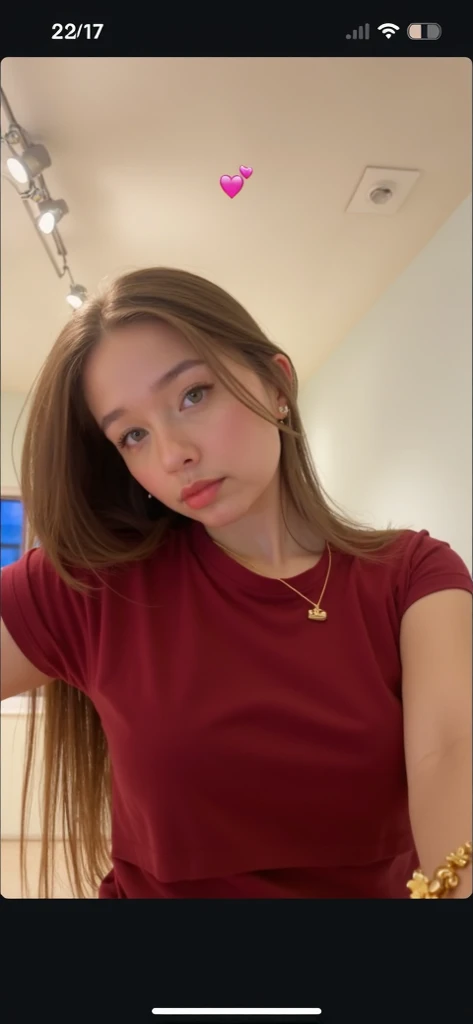 there is a woman con cabello largo, it is day, Ilya Kuvshinov with brown hair, shiny hair, portrait sophie mudd with long hair wearing a yellow shirt and a necklace., Colombian, Colombia, 18 years, beautiful face, 18 years, Instagram Template,, 18 years de edad
