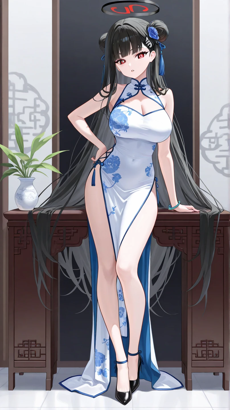 woman, 独奏, 30years old, ((long hair)), Bun Head, china dress, 長いchina dress, slit, ((deep-slit china dress)), Bare feet visible through a slit in her dress, A room decorated with traditional Chinese motifs, Holding a fan at her waist, Stiletto heels, A luxurious rug covers the floor, looking at viewer, Landscape, closed mouth, full body, Clear skin, Her hair is tied back in a bun, large breasts, no panties,
