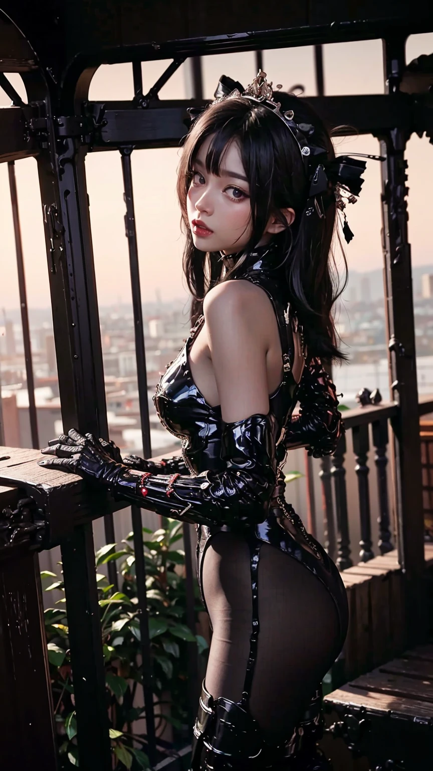 highest quality, masterpiece, Ultra-high resolution, (Reality: 1.9), (((Absolute full-length image,Front view))),Japan Maiden 、 ((Ultra-Realistic Details)) 、 Portrait 、 Global Illumination 、 Shadow 、 Octane Rendering 、 In 8K 、 Ultra Sharp 、 ( Crimson leather corset and panties、garter belt)、 ((Bondage meets goth)) 、Intricate decorative details 、 Cool colors 、 Very intricate detail 、 Realistic Light 、 CG Trends、Sparkling Eyes、Facing the camera、short chestnut hair、Small breasts、Full body upright pose、back、The background is the cathedral