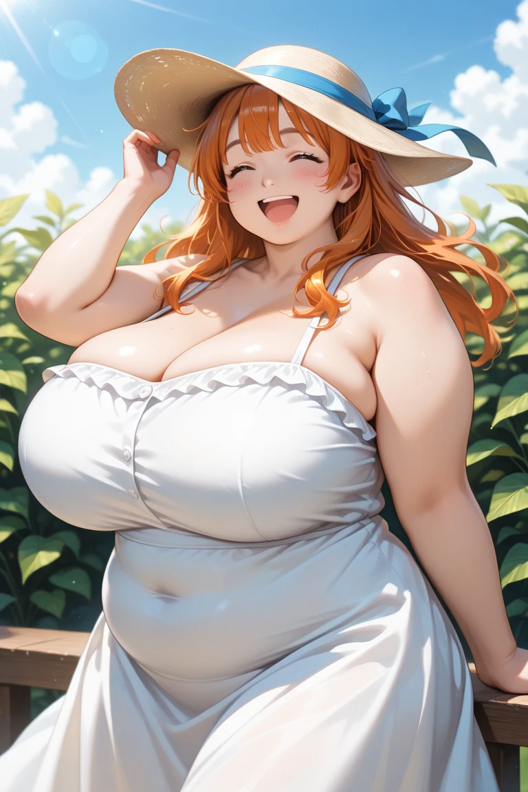 ((arisugawa natusha, orange hair)), ultra realistic 8k cg, flawless, masterpiece, solo, 1girl, (in a field of flowers), white flower,l ooking at viewer, daisy, long hair, floating hair, straw hat, ((pure white dress, thicc, she has a jiggly fat round belly, bbw, skinny waist and thick hips, widest hips, her belly is fat and round, soft curvy shape, chubby, plump, wide hips