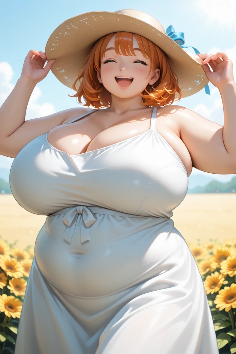 2d, masterpiece, best quality, anime, highly detailed face, highly detailed background, perfect lighting, wano, nami, 1girl, solo, long hair,  jewelry, sash, japanese clothes, obi, orange hair, kimono, bow, light blue kimono, flower, flower print, earrings, looking at viewer, sleeveless kimono, ahoge, ribbon, hair bow, sky, day, bracelet, sleeveless, ;\), blue bow, outdoors, breasts, cloud, ponytail, blue sky, brown eyes, orange eyes, bare shoulders, very long hair, sidelocks, bangs, collarbone, upper body, bare arms, official alternate costume, blurry, hand gesture, alternate costume, medium breasts, blurry background, large breasts, eyelashes, mountain, parody, cloudy sky, sitting, shiny hair, bangle, wavy hair, ((big belly, massive belly, chubby, giant belly)), shocked, open mouth, (hands behind head:1.4), (solo:1.5)